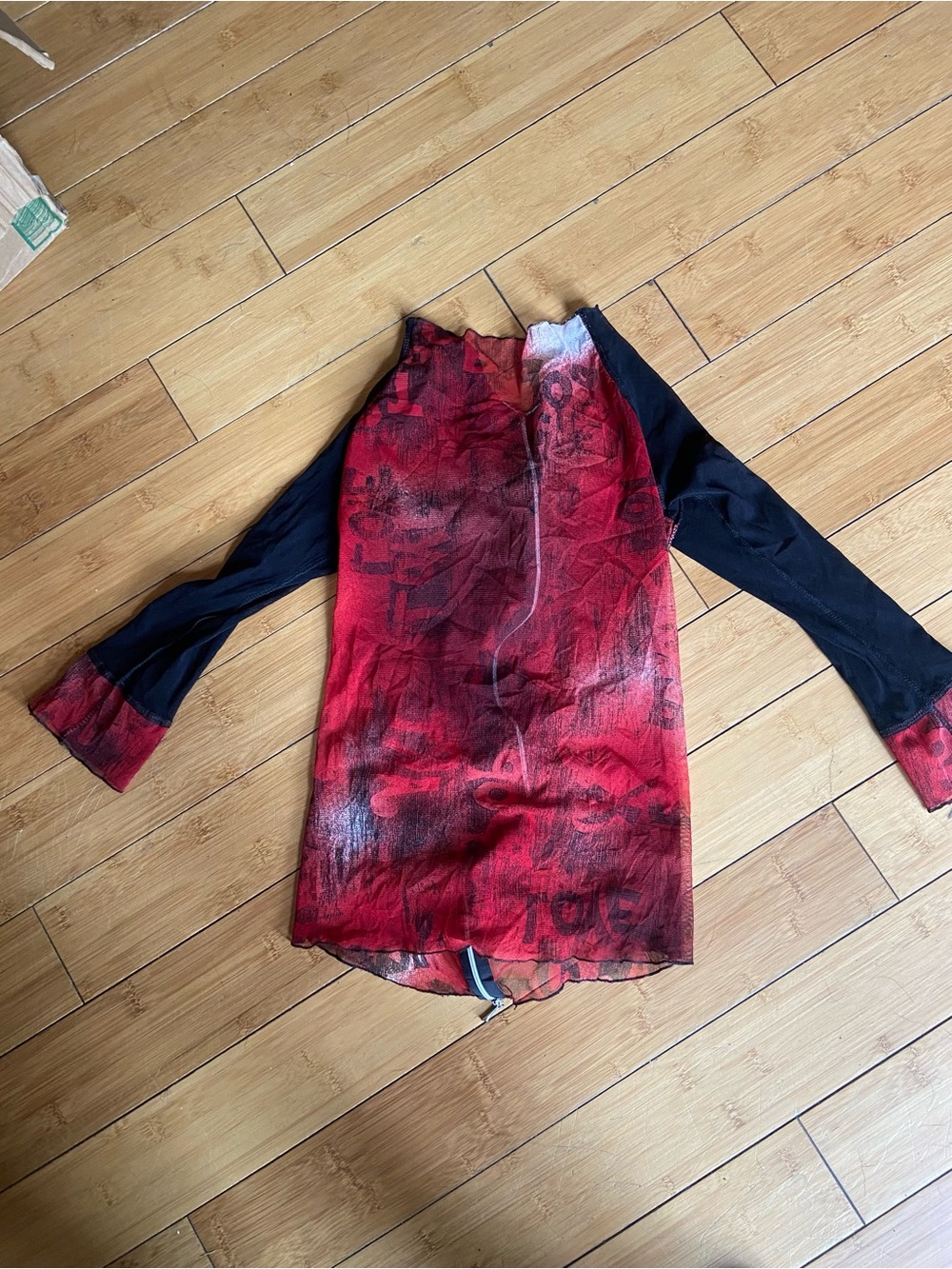 Red and Black mesh Long Sleeve Graphic Top